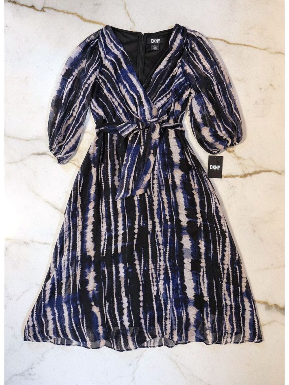 NWT DKNY Abstract Tie Dye Chiffon Midi Wrap Dress, Size 8